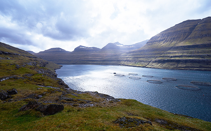 Landscape Picture of the salmon fish farm or aquaculture in fjor