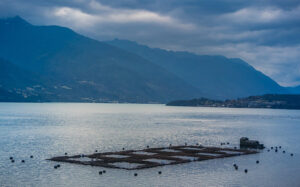 Salmon farm by the bay of Cochamo, Los Lagos, Chile